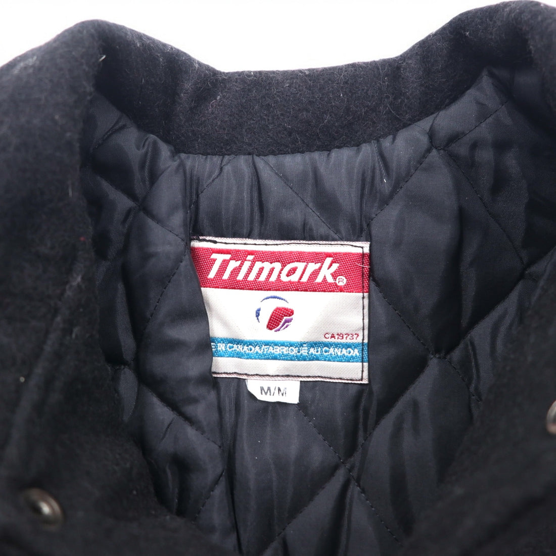 Vintage 90s Varsity Jacket Made in Canada Trimark Leather Switching Stadium Jacket M Black Wool Cowhide Quilted Liner BORG WARNER