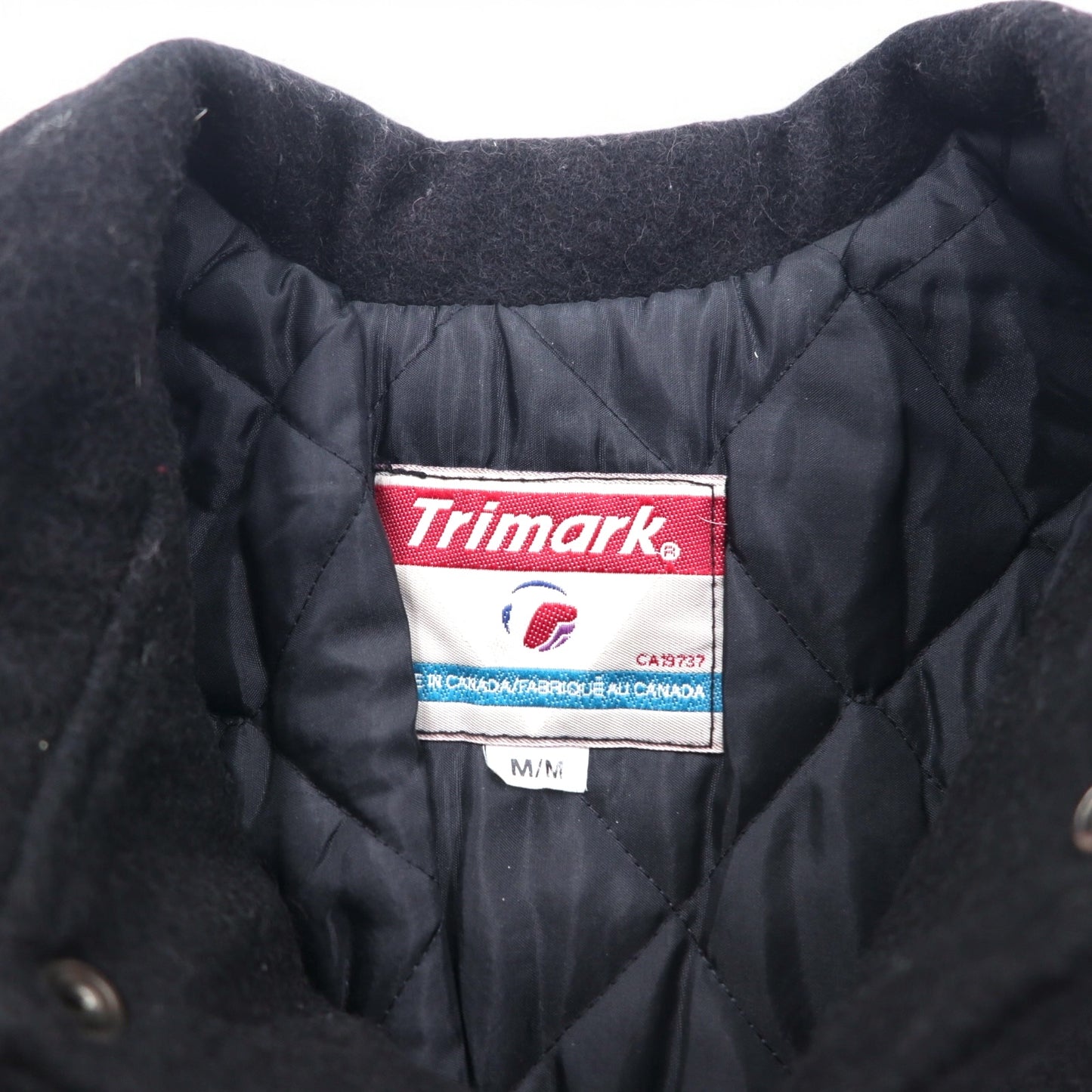 Vintage 90s Varsity Jacket Made in Canada Trimark レザー 切替 スタジャン M ブラック ウール 牛革 キルティングライナー BORG WARNER