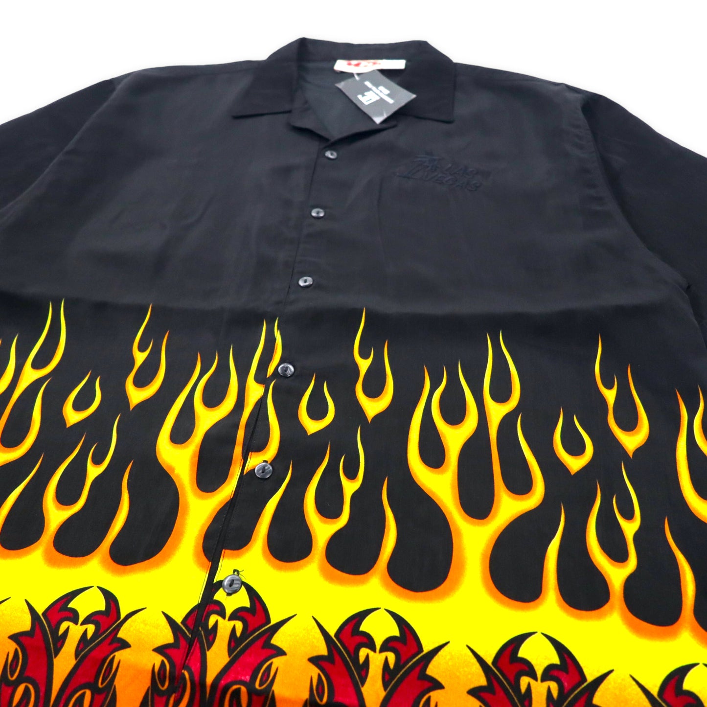 Malibu Dreams 00年代 ファイヤーパターン オープンカラーシャツ アロハシャツ XL ブラック ポリエステル LAS VEGAS 刺繍 ビッグサイズ 未使用品