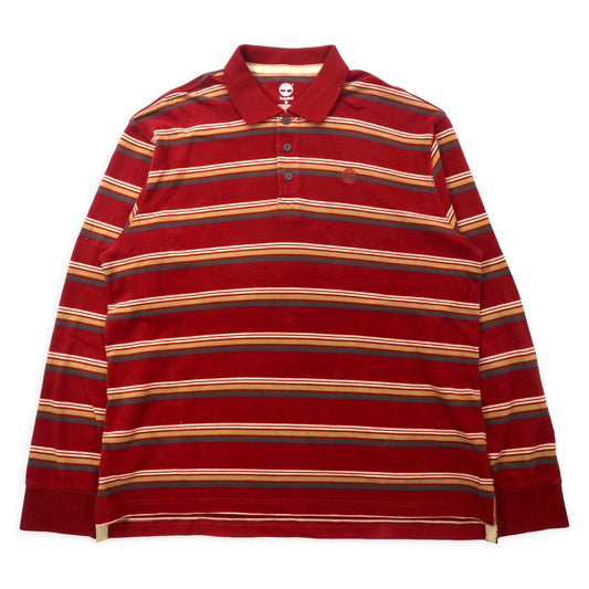 Timberland ボーダー ラガーシャツ 長袖ポロシャツ XL レッド コットン ワンポイントロゴ刺繍 ビッグサイズ