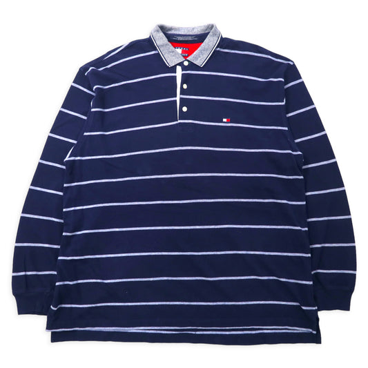 日本然リトテ-古着オンライン-USA製 TOMMY HILFIGER 90年代 ボーダー ラガーシャツ 長袖ポロシャツ 2XLT ネイビー コットン ワンポイントロゴ刺繍 ビッグサイズ-USA MADE TOMMY HILFIGER 90's Striped Rugby Shirt Long Sleeve Polo Shirt 2XLT Navy Cotton One Point Logo Embroidery Big Size