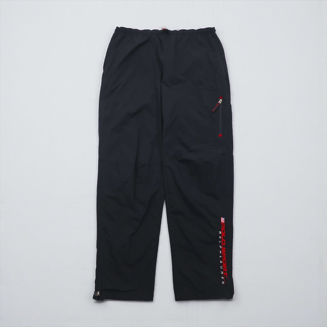 POLO SPORT (RALPH LAUREN) 90s Wide Nylon Track Pants, Jersey, XL, Black, Zippered Hem, Slit