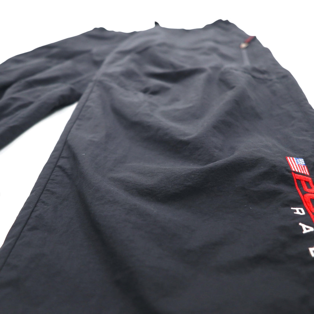 POLO SPORT (RALPH LAUREN) 90s Wide Nylon Track Pants, Jersey, XL, Black, Zippered Hem, Slit