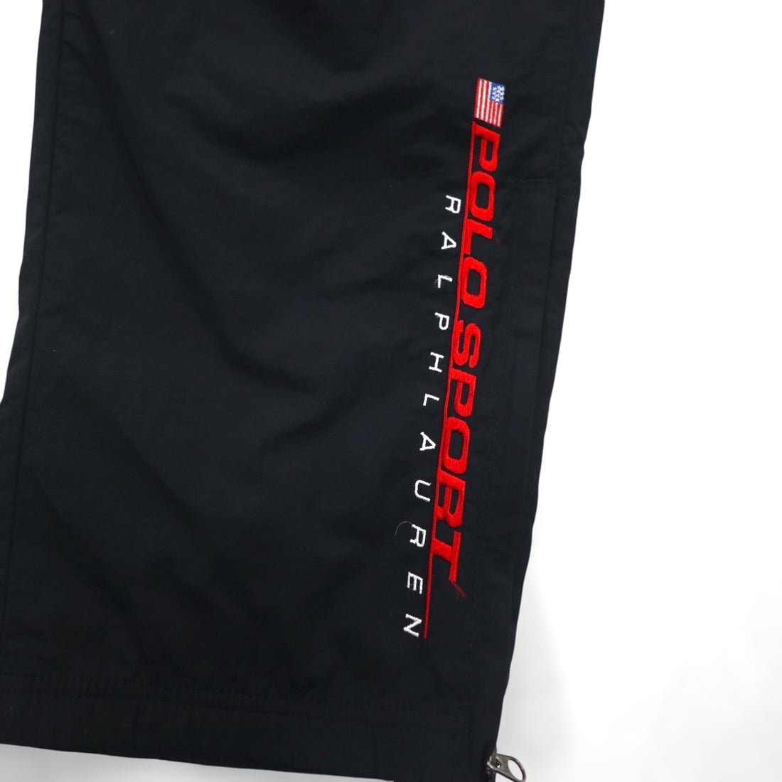 POLO SPORT (RALPH LAUREN) 90s Wide Nylon Track Pants, Jersey, XL, Black, Zippered Hem, Slit