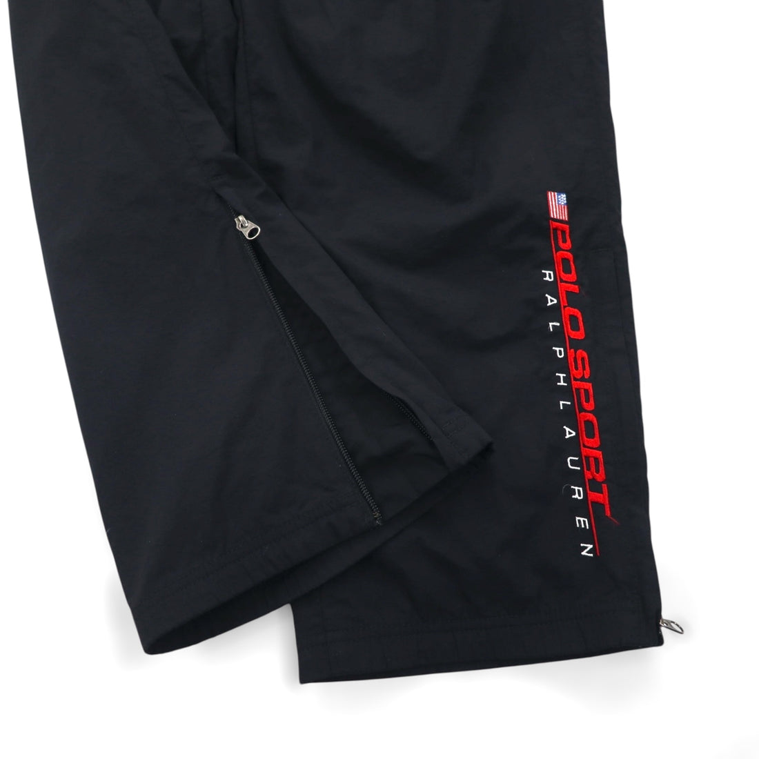 POLO SPORT (RALPH LAUREN) 90s Wide Nylon Track Pants, Jersey, XL, Black, Zippered Hem, Slit