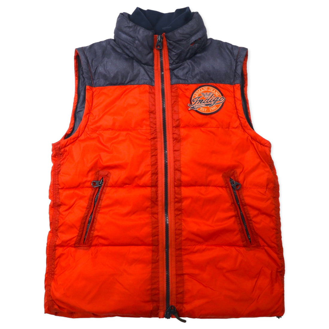 ARMANI JEANS 2WAY Down Jacket Down Vest 46 Orange Polyester Detachable Sleeves Back Logo Print