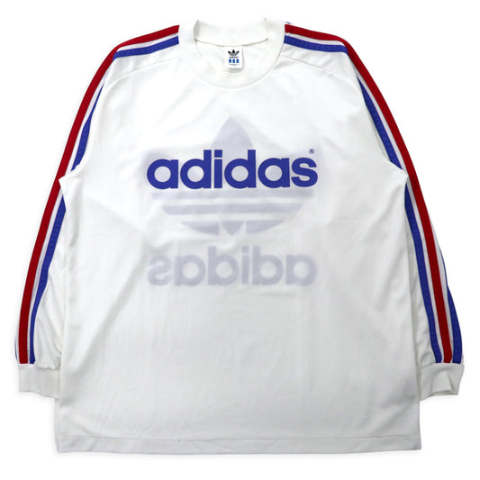 adidas 90年代 デサント社製 ロンT ゲームシャツ O-XO ホワイト 3ストライプ トリコロールカラー トレフォイルロゴ プリント 日本製