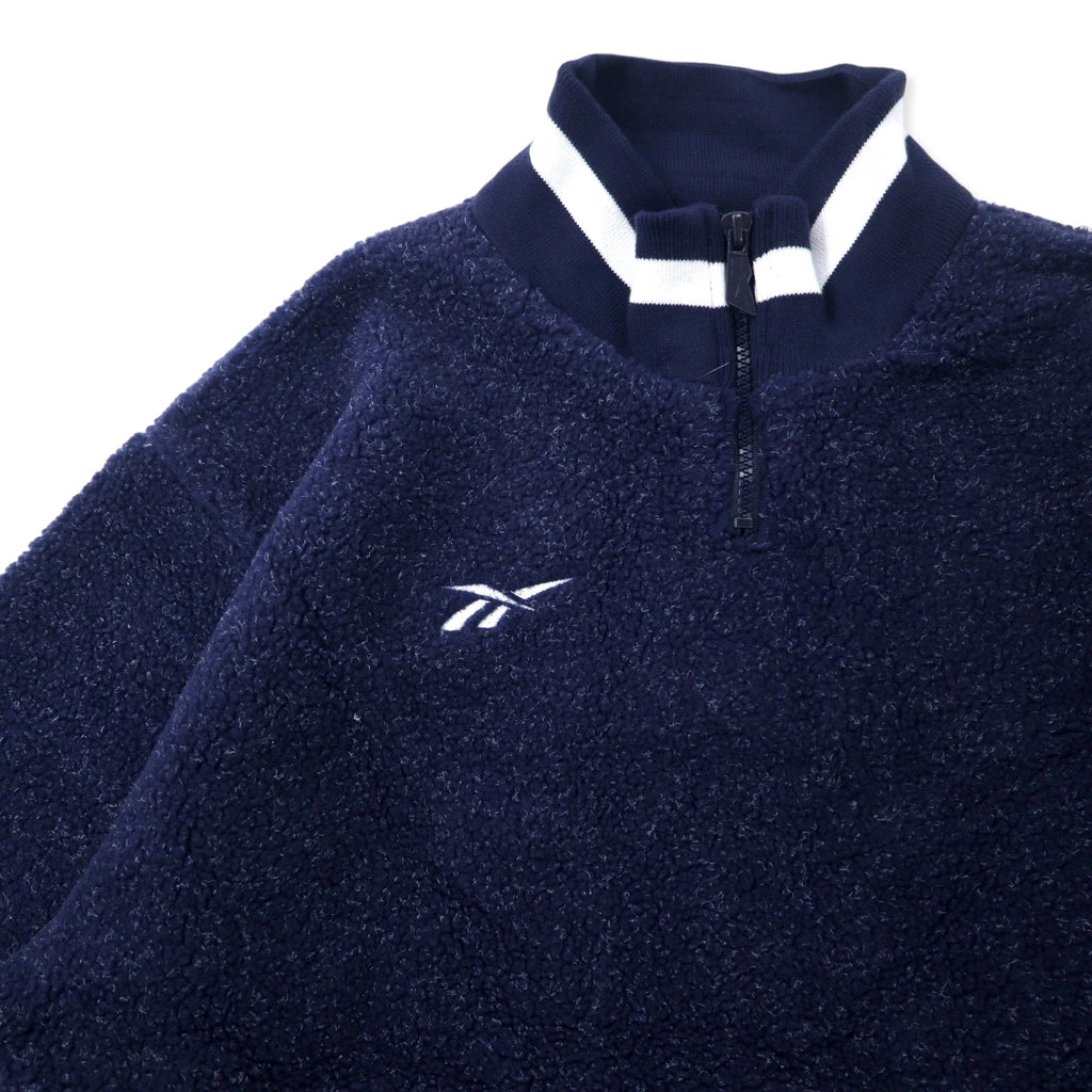 Reebok 90年代 ハーフジップ ボアフリースジャケット S ネイビー ポリエステル ベクターロゴ刺繍 ビッグサイズ