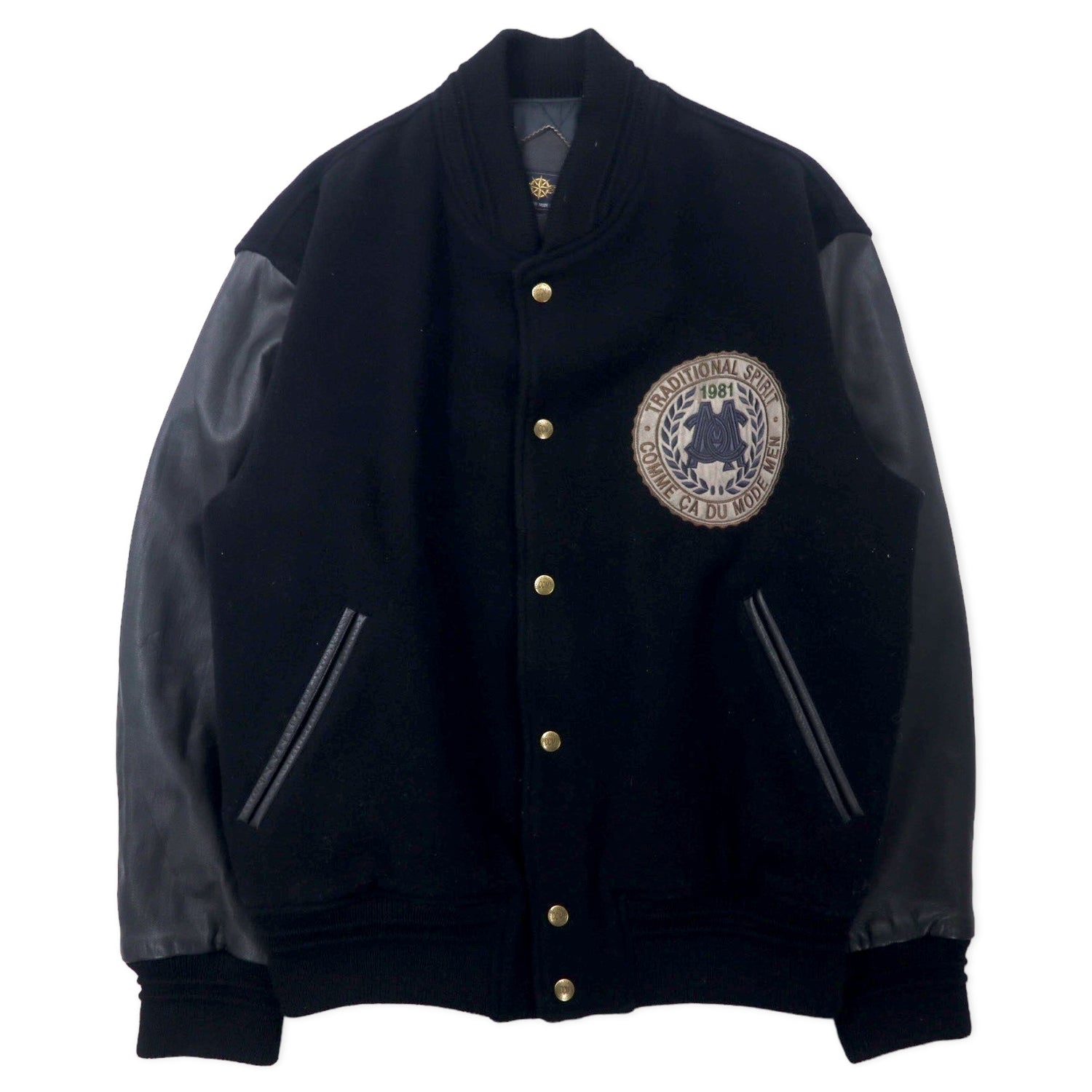 COMME CA DU MODE MEN 90s Sleeve Leather Varsity Jacket XL Black Wool  Cowhide Quilted Liner Buck Logo Embroidery