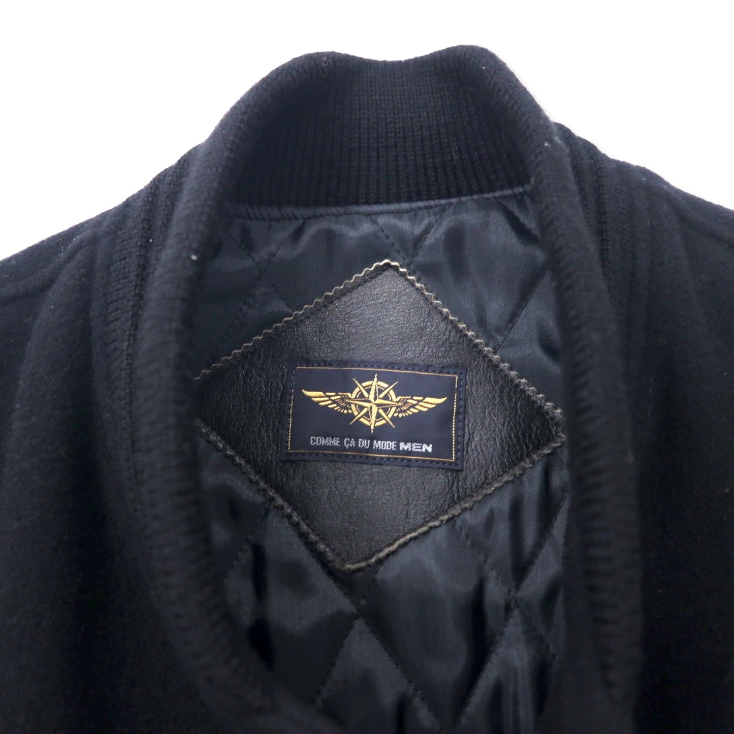 COMME CA DU MODE MEN 90s Sleeve Leather Varsity Jacket XL Black Wool  Cowhide Quilted Liner Buck Logo Embroidery