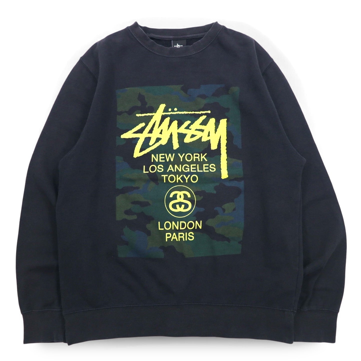 STUSSY USA Made World Tour Crew Neck Sweatshirt L Black Camo WT Camo Block Sweat