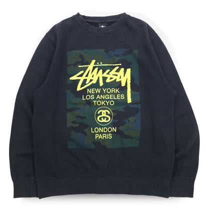 STUSSY USA Made World Tour Crew Neck Sweatshirt L Black Camo WT Camo Block Sweat