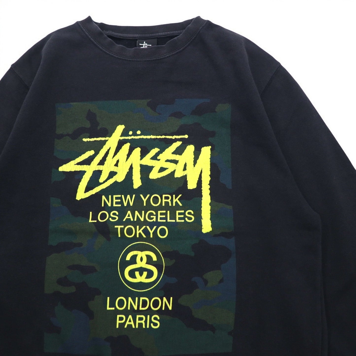 STUSSY USA Made World Tour Crew Neck Sweatshirt L Black Camo WT Camo Block Sweat