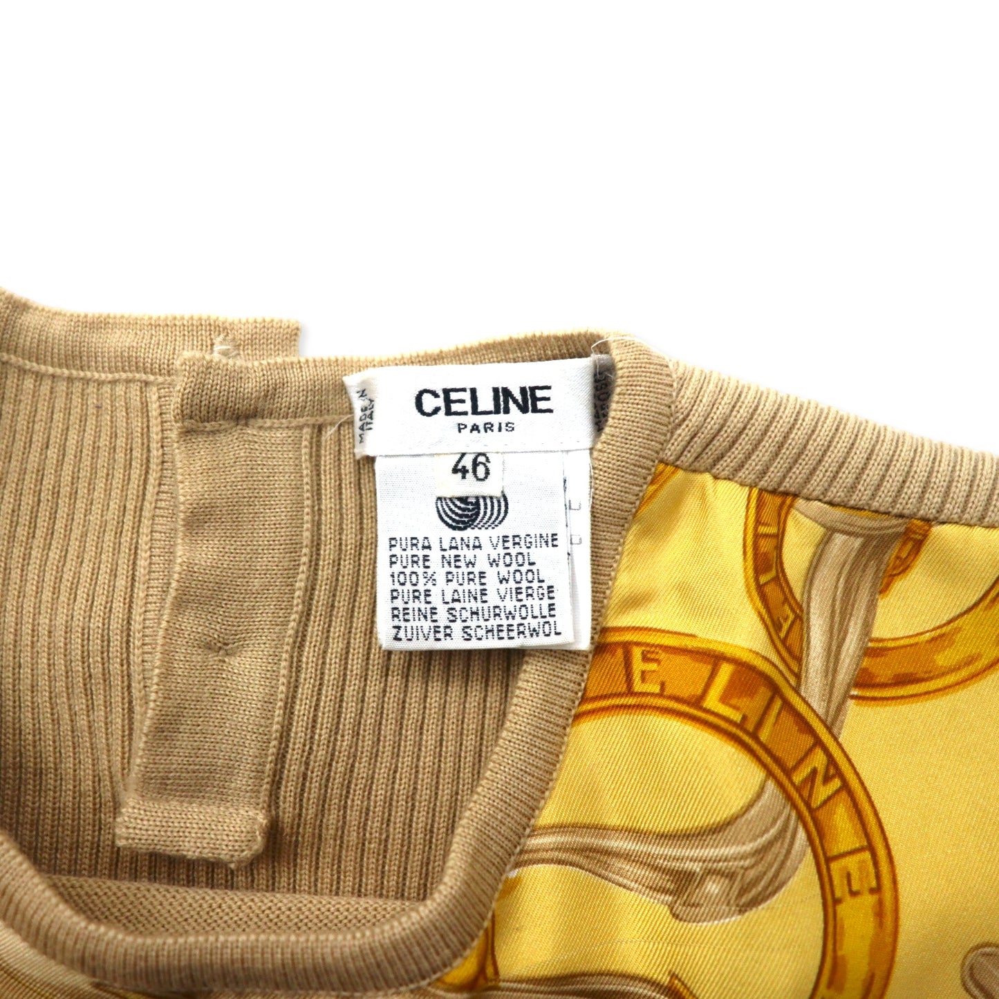 CELINE シルク切り替え ニット セーター 46 ベージュ ウール スカーフ柄 イタリア製