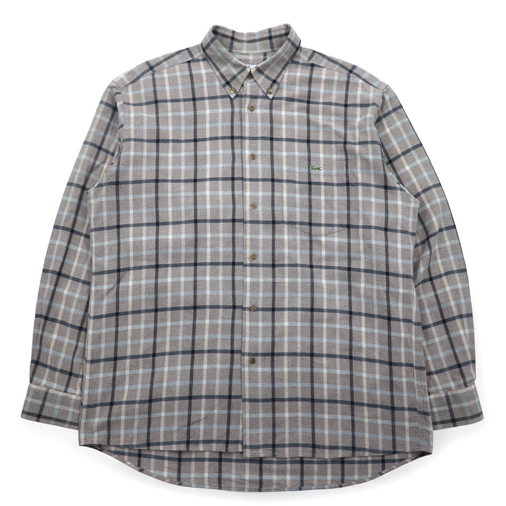 LACOSTE Big Size Button Down Shirt M Gray Windowpane Check One Point Logo