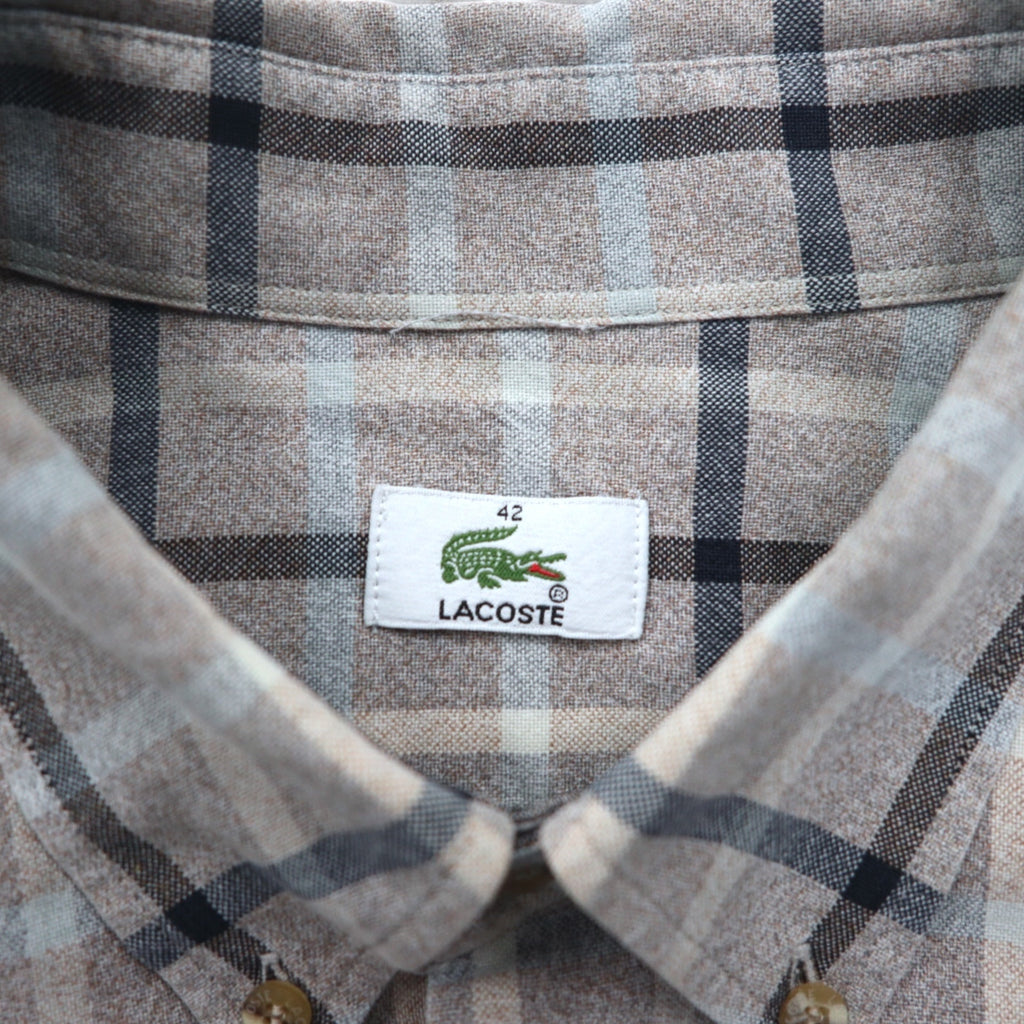 LACOSTE Big Size Button Down Shirt M Gray Windowpane Check One Point Logo