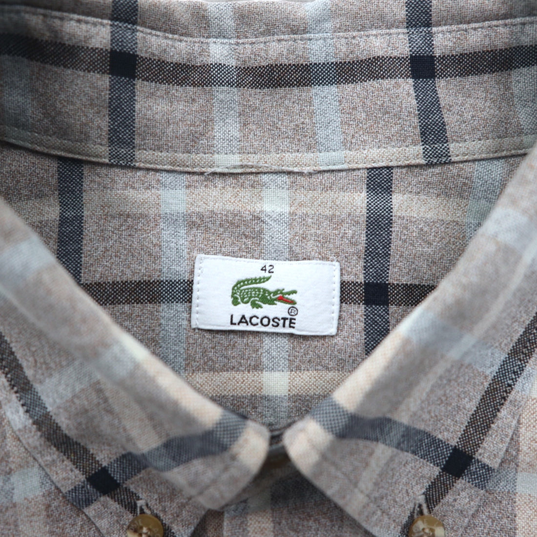 LACOSTE Big Size Button Down Shirt M Gray Windowpane Check One Point Logo