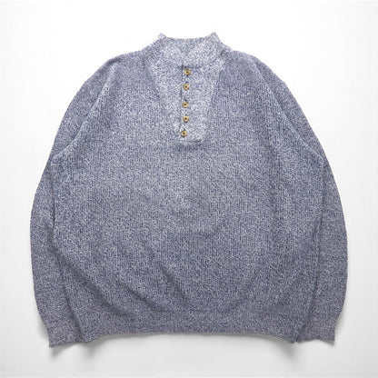 L.L.Bean 80年代 USA製 ハーフボタン リブニット セーター XL ブルー モックネック スタンドカラー