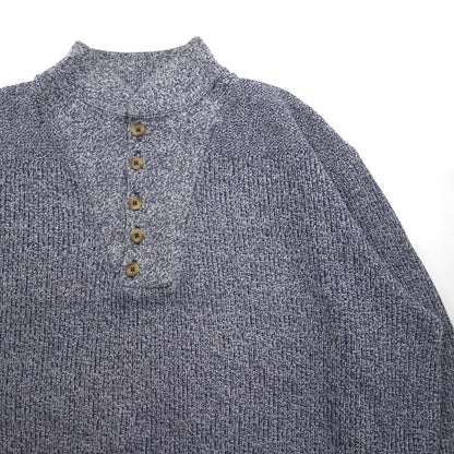 L.L.Bean 80年代 USA製 ハーフボタン リブニット セーター XL ブルー モックネック スタンドカラー