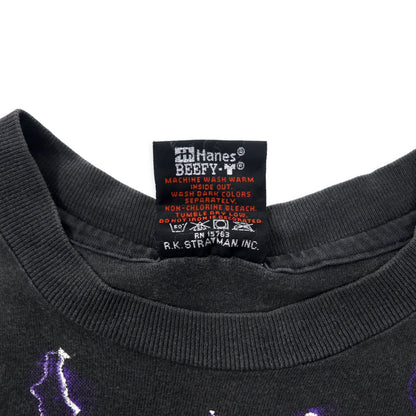 USA製 HARLEY DAVIDSON 90年代 オーバープリント Tシャツ M ブラック 総柄 雷 稲妻 THUNDER & LIGHTNING コットン Hanes BEEFY-T