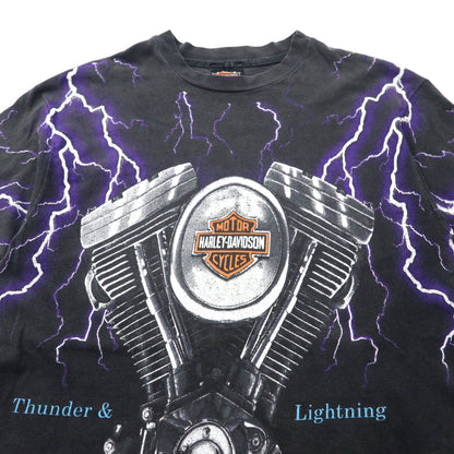 USA製 HARLEY DAVIDSON 90年代 オーバープリント Tシャツ M ブラック 総柄 雷 稲妻 THUNDER & LIGHTNING コットン Hanes BEEFY-T