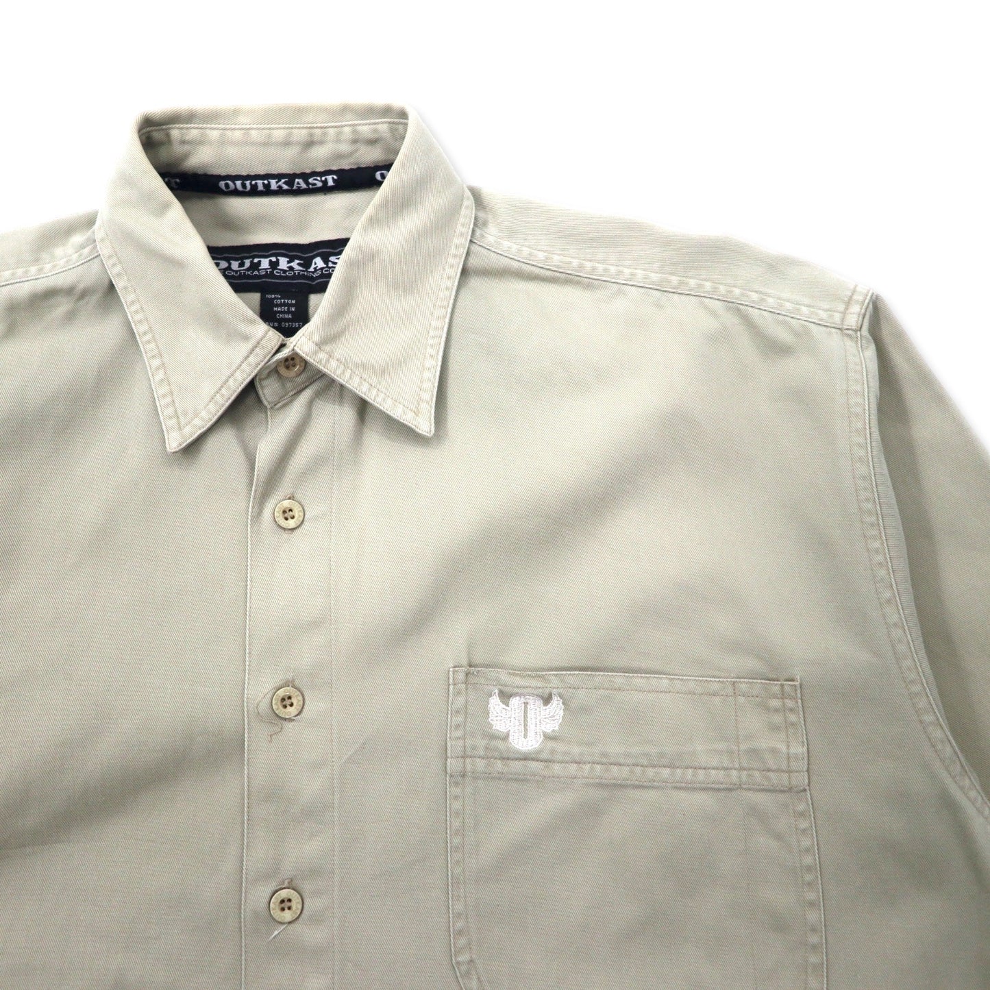 OUTKAST 90年代 コットンチノ ワークシャツ XL ベージュ ワンポイントロゴ刺繍 ビッグサイズ