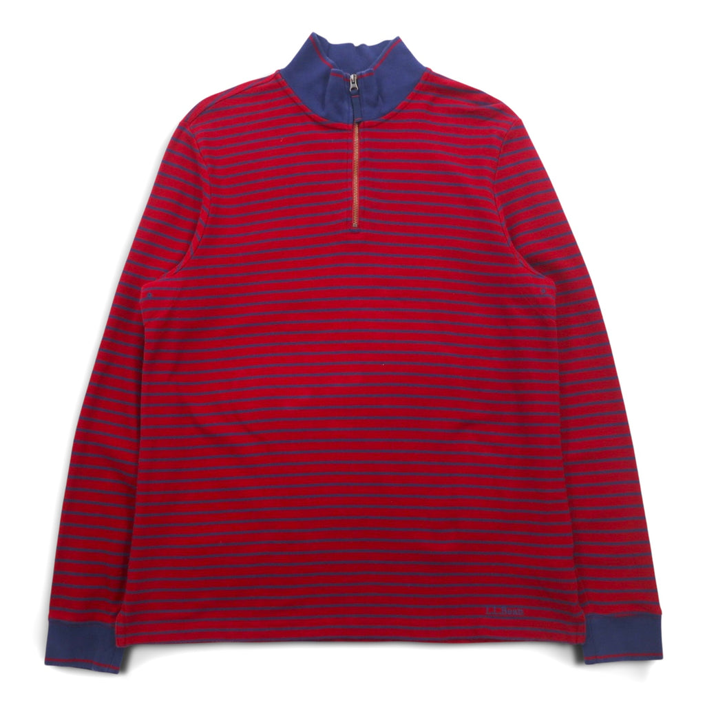 LLBean Half Zip Sweatshirt L Red Navy Border Cotton Pique