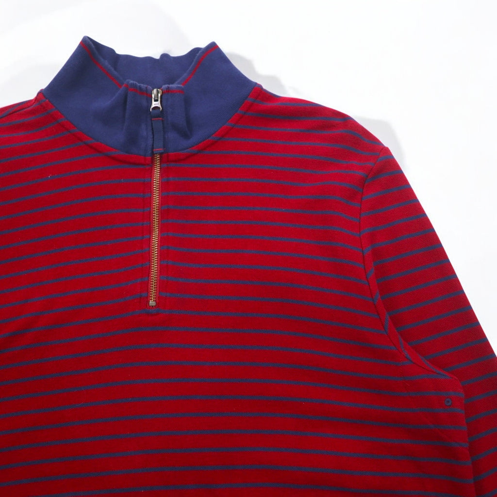LLBean Half Zip Sweatshirt L Red Navy Border Cotton Pique