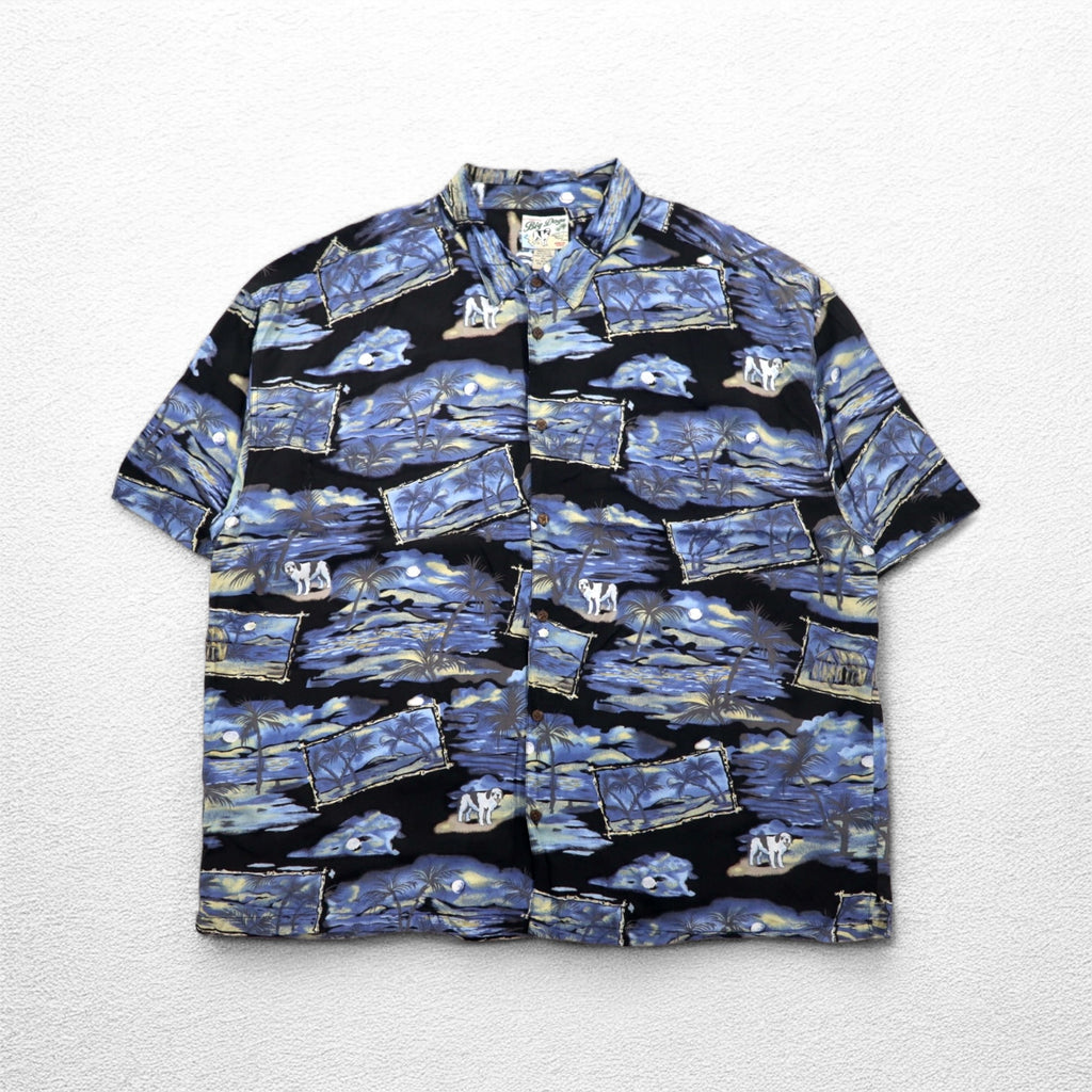 Big Dogs 90s Aloha Shirt 4XL Big Size Blue Black Rayon All-over Palm Tree Pattern