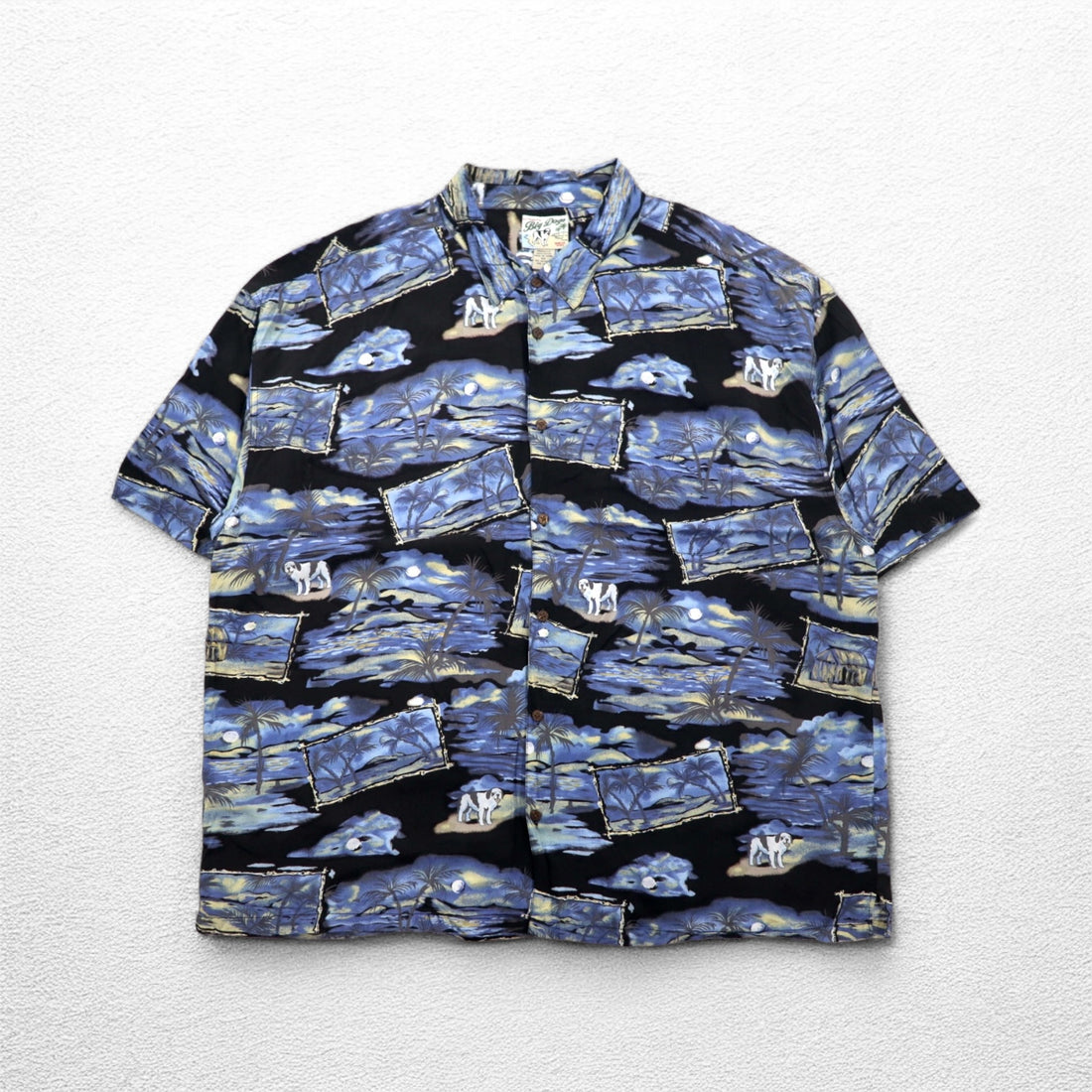 Big Dogs 90s Aloha Shirt 4XL Big Size Blue Black Rayon All-over Palm Tree Pattern