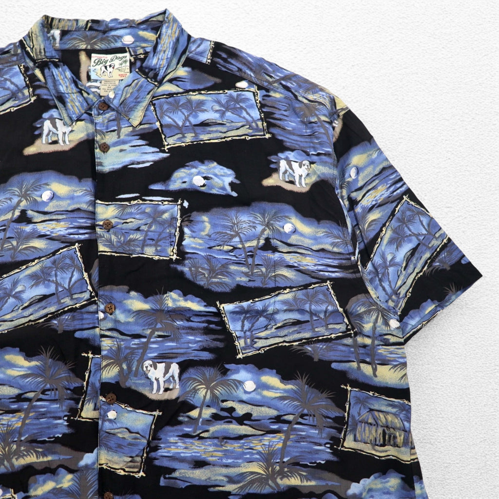 Big Dogs 90s Aloha Shirt 4XL Big Size Blue Black Rayon All-over Palm Tree Pattern