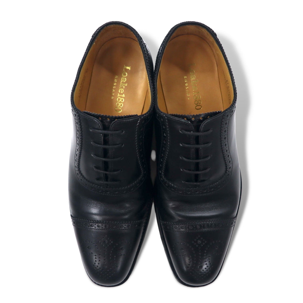 Loake British medallion straight tip dress shoes, 27.5cm, black calf leather, semi-brogue, Goodyear welt construction, STRAND 706408, made in England