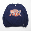 90s USA-made RUSSEL ATHLETIC college print V-neck sweatshirt, size XL, navy, fleece-lined, AUBURNS TIGERS arch logo.