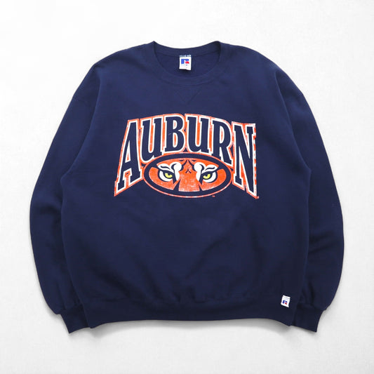 90年代 USA製 RUSSEL ATHLETIC カレッジプリント 前V スウェット トレーナー XL ネイビー 裏起毛 AUBURNS TIGERS アーチロゴ