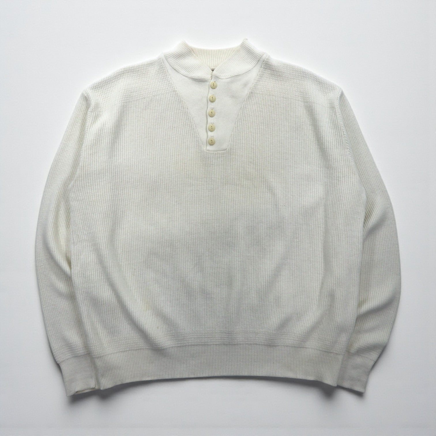 L.L.Bean 80年代 USA製 ヘンリーネック リブニット セーター XL ホワイト コットン ハーフボタン