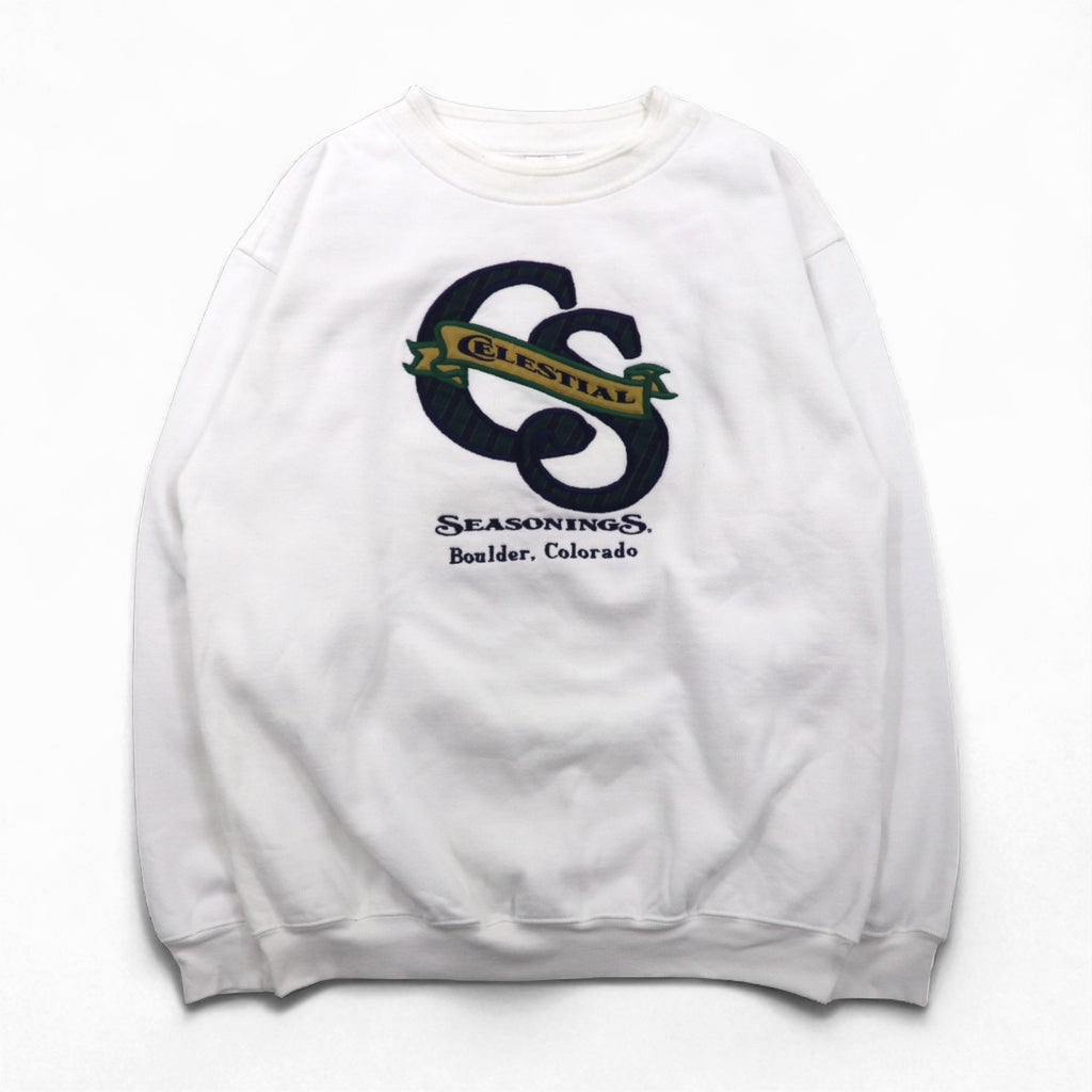 Made in the USA, 90s BAC PREMIER College Embroidered Sweatshirt, Size M, White, Cotton, Pique, Fleece-Lined, CELESTIAL