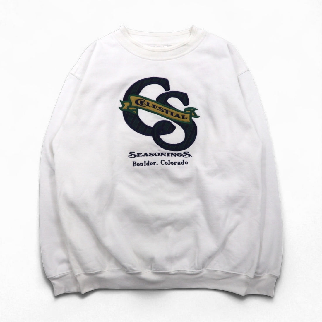 Made in the USA, 90s BAC PREMIER College Embroidered Sweatshirt, Size M, White, Cotton, Pique, Fleece-Lined, CELESTIAL