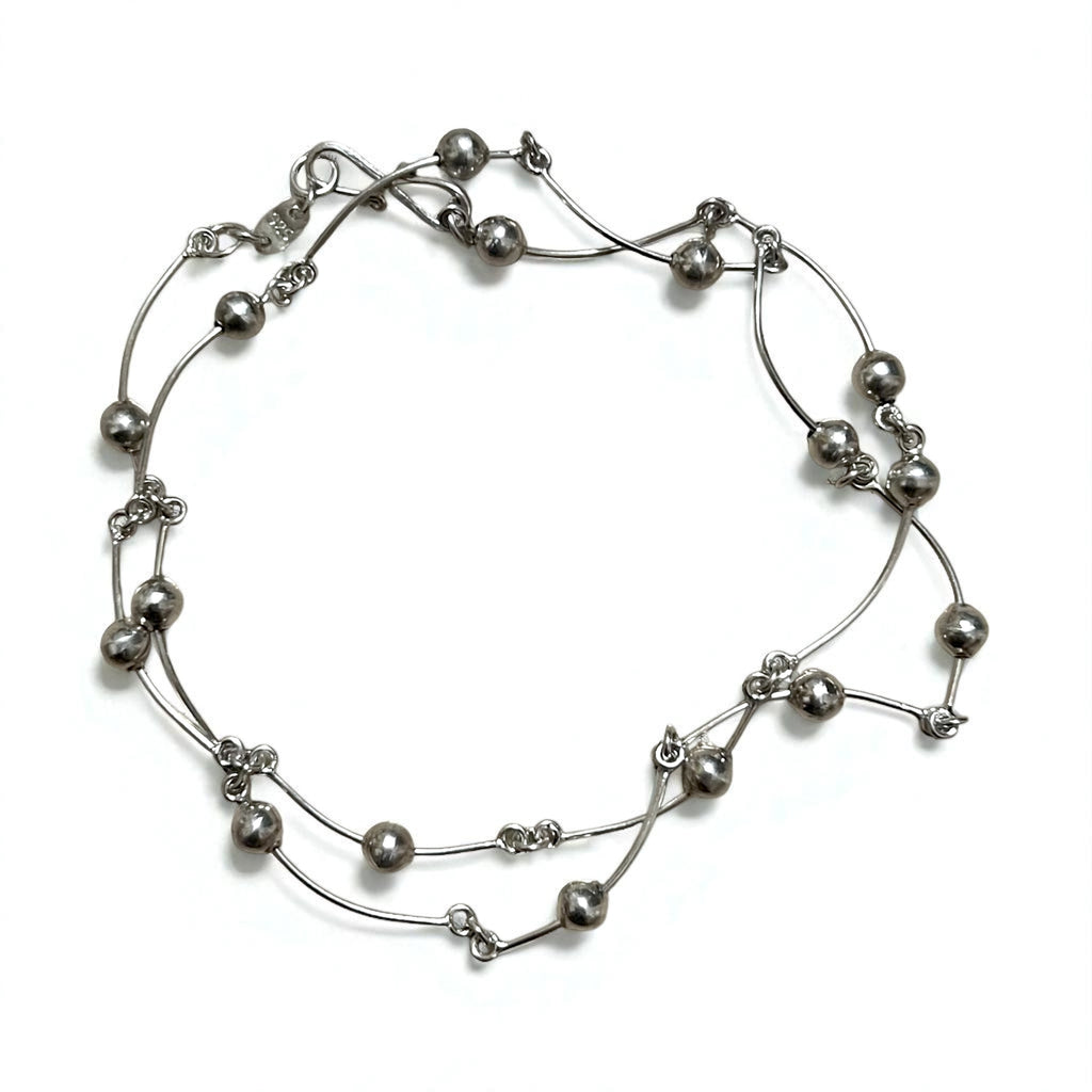 Vintage 2-Way Silver Necklace, Dot and Wave Design, Double Bracelet, 925 Sterling Silver