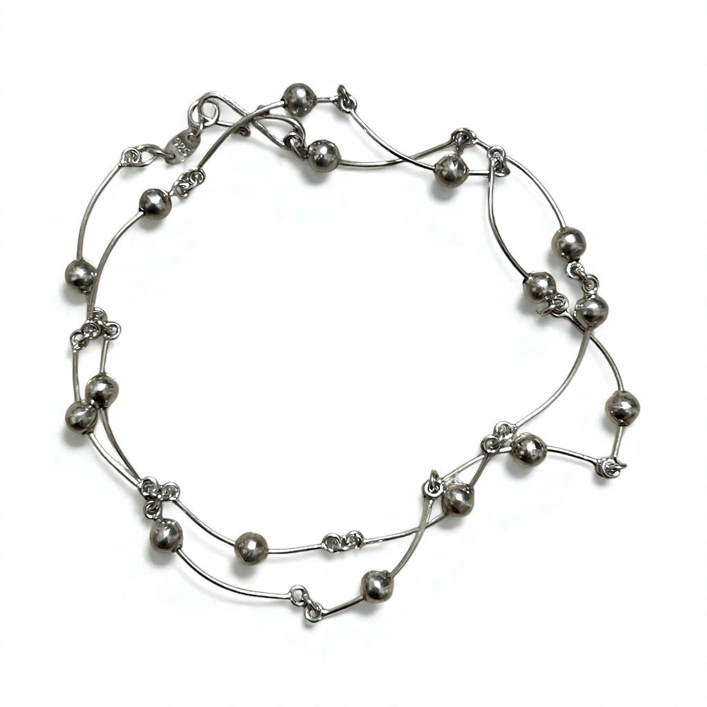 Vintage 2-Way Silver Necklace, Dot and Wave Design, Double Bracelet, 925 Sterling Silver