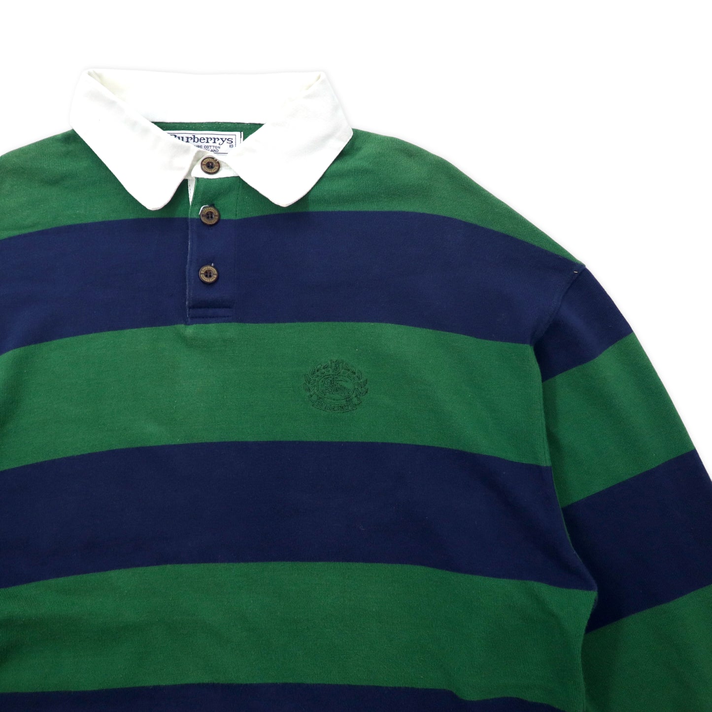 スコットランド製 Burberrys ボーダー ラガーシャツ XL グリーン ネイビー コットン ロゴ刺繍 ビッグサイズ オールド