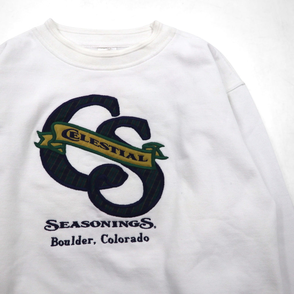 Made in the USA, 90s BAC PREMIER College Embroidered Sweatshirt, Size M, White, Cotton, Pique, Fleece-Lined, CELESTIAL