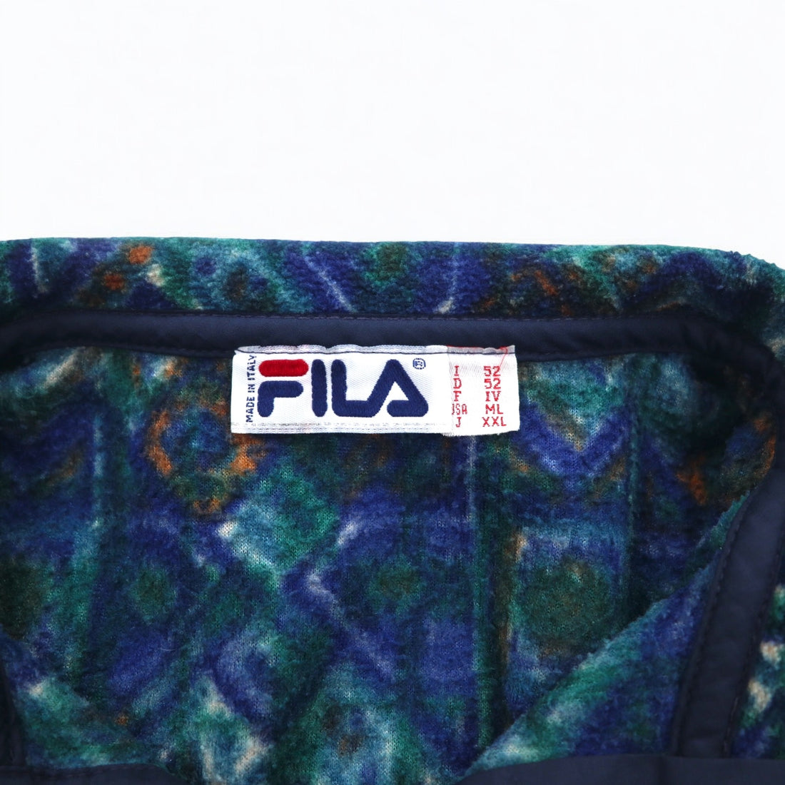 FILA Made in Italy 90s All-over Print Half Button Snap Tee Fleece Jacket XXL Green Blue