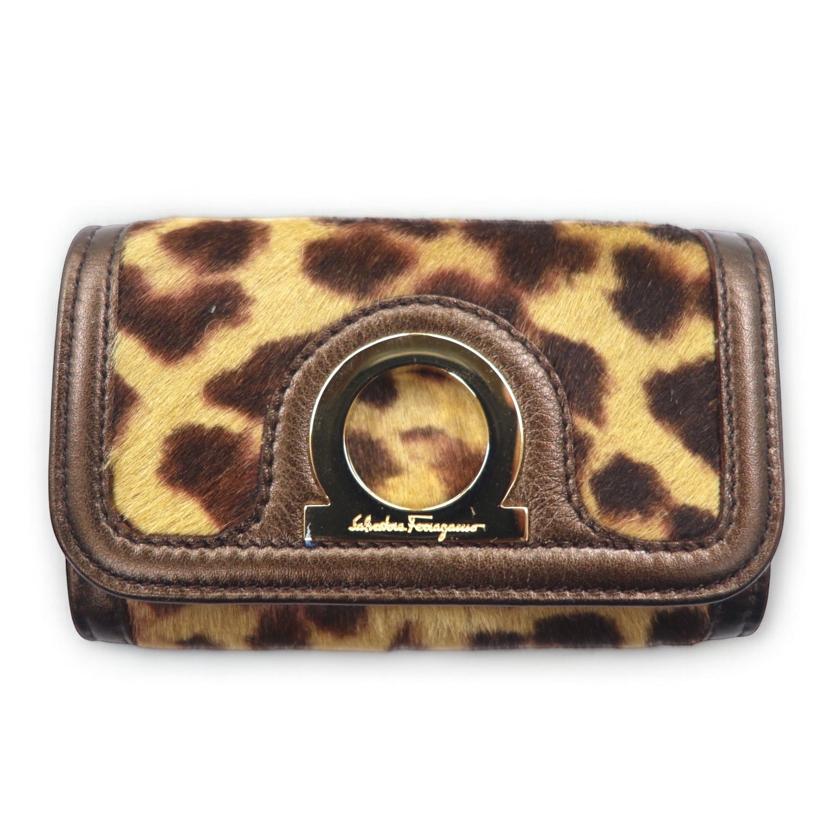 日本然リトテ-古着オンライン-Salvatore Ferragamo イタリア製 6連 ガンチーニ ハラコ キーケース レオパード柄 ブラウン AQ-221787-Salvatore Ferragamo Italy Made 6 Row Gancini Haraco Key Case Leopard Pattern Brown AQ-221787