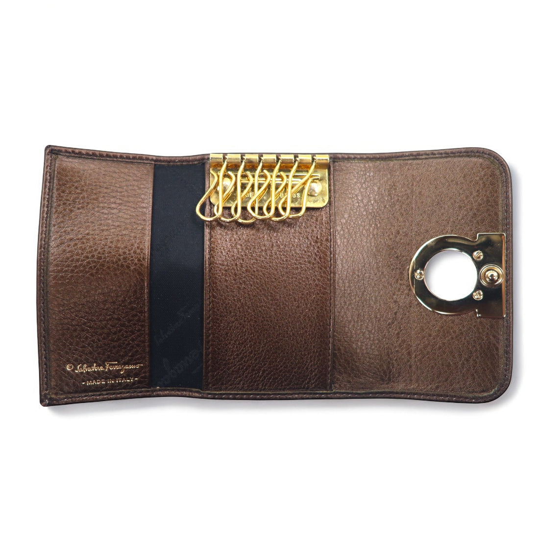 Salvatore Ferragamo Made in Italy 6-ring Gancini pony key case, leopard print, brown AQ-221787