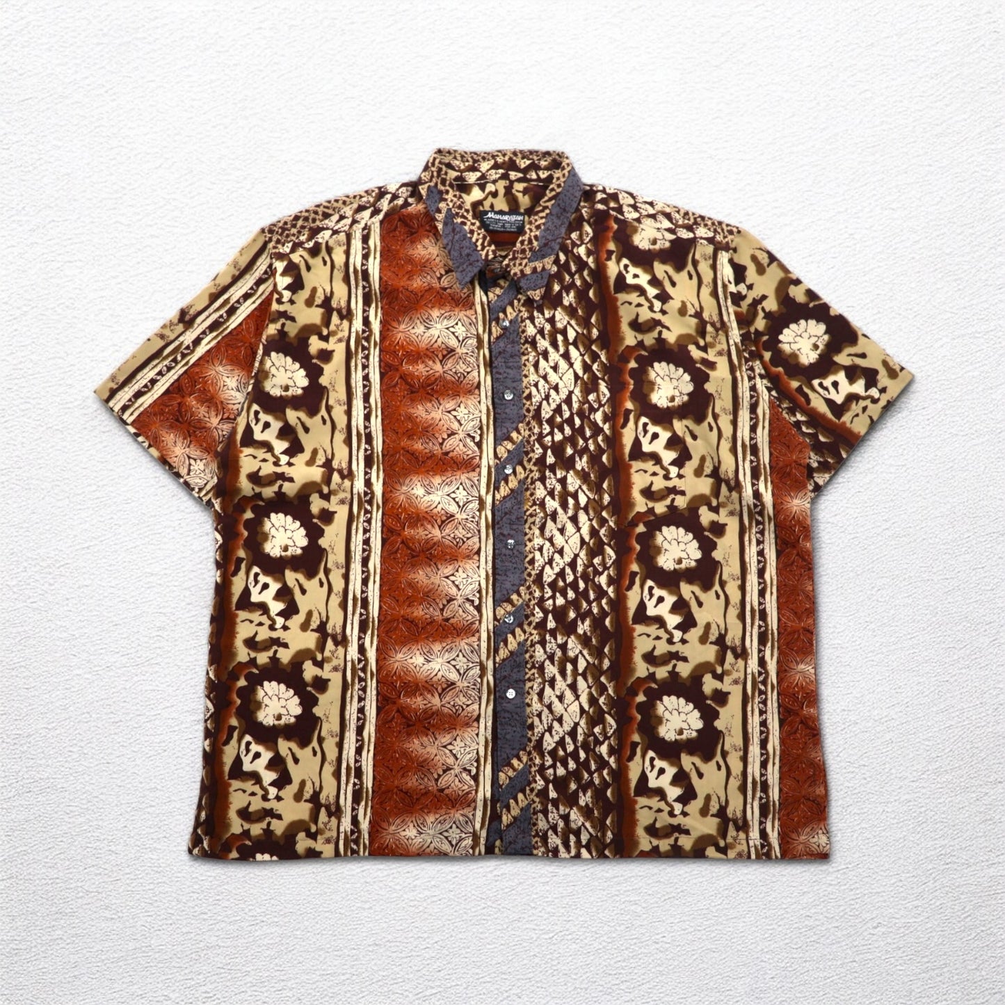 MAHARAJAH 90s Short Sleeve Polyester Aloha Shirt XL Brown All-over Pattern