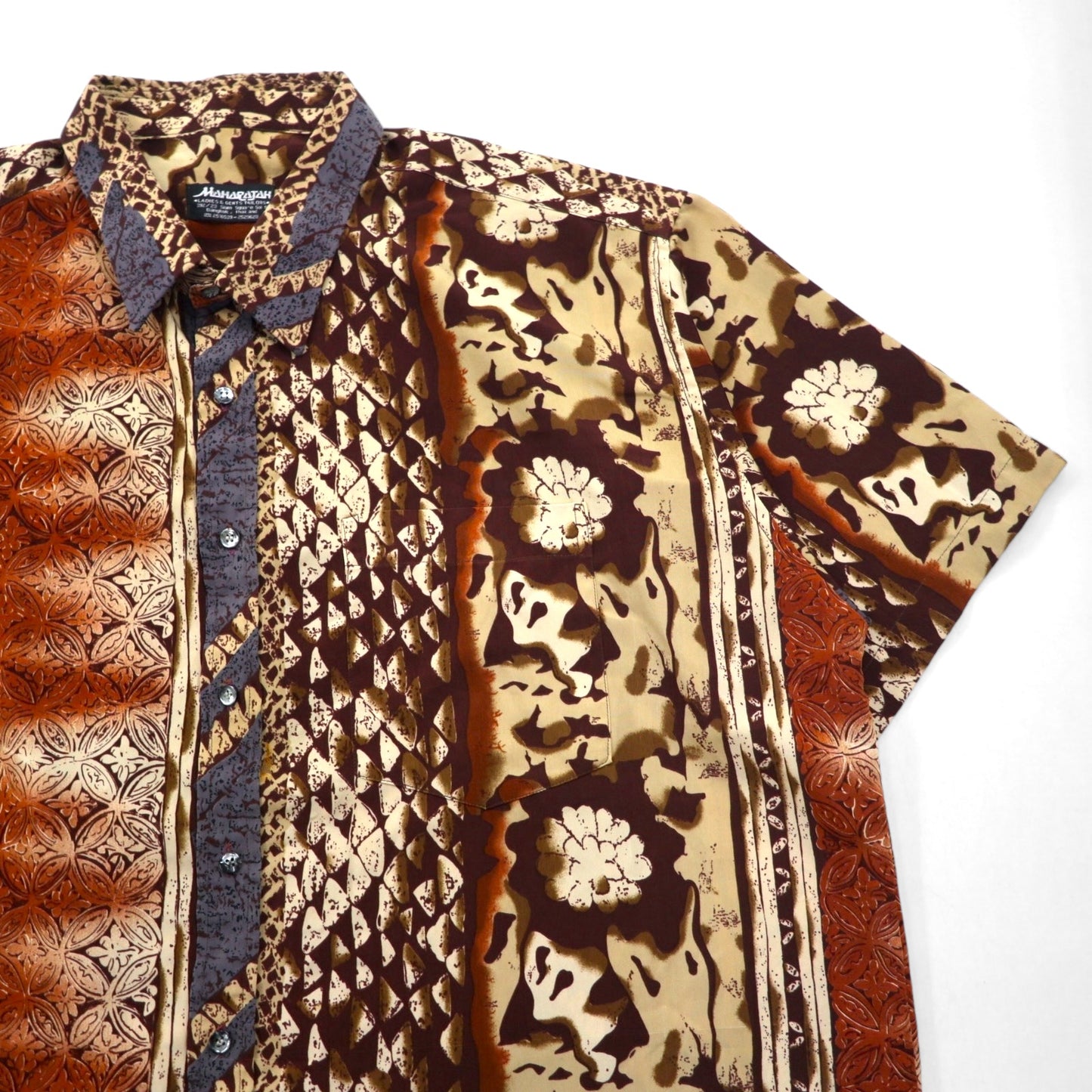 MAHARAJAH 90s Short Sleeve Polyester Aloha Shirt XL Brown All-over Pattern