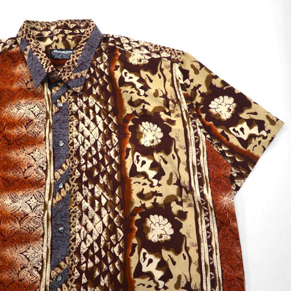 MAHARAJAH 90s Short Sleeve Polyester Aloha Shirt XL Brown All-over Pattern
