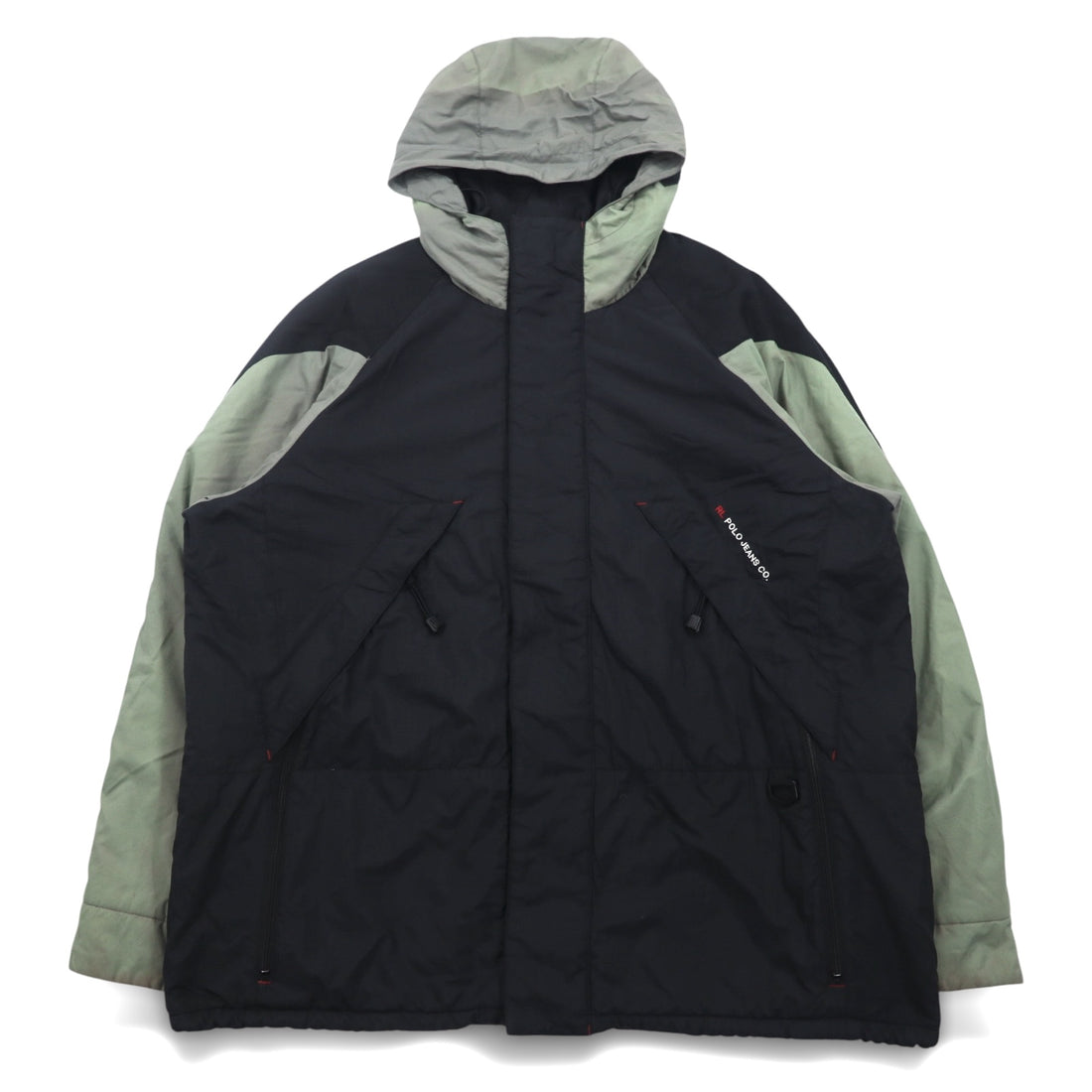 POLO JEANS Co. RALPH LAUREN 90年代 フード収納式 マウンテンパーカー L グリーン ブラック ナイロン リップストップ