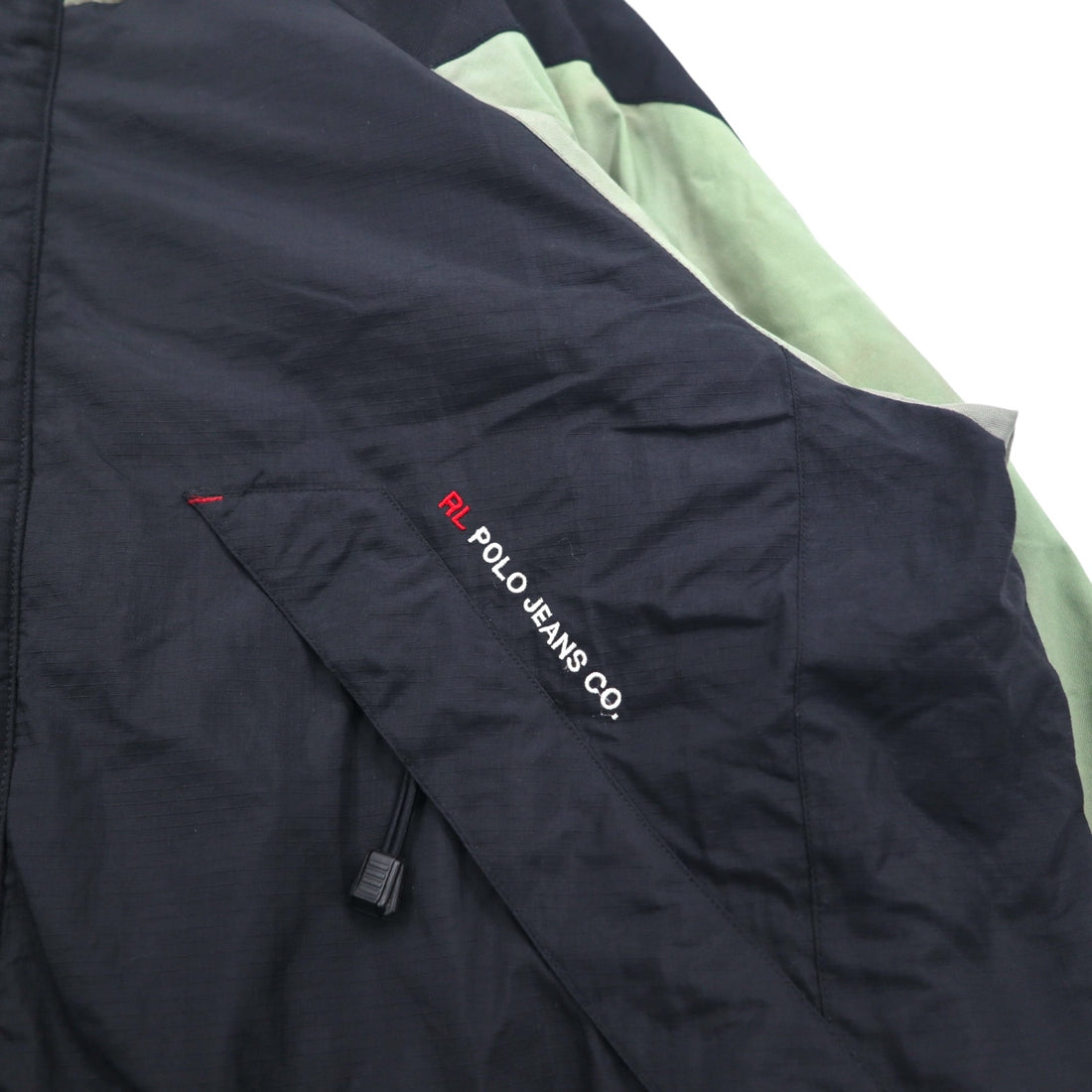 POLO JEANS Co. RALPH LAUREN 90年代 フード収納式 マウンテンパーカー L グリーン ブラック ナイロン リップストップ