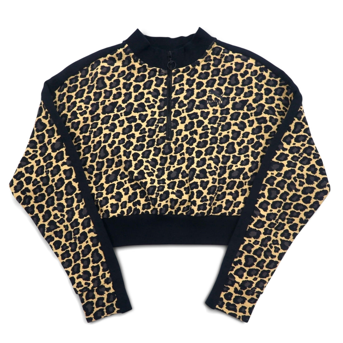 PUMA Cropped Half-Zip Sweatshirt M Leopard Beige Fleece Lining Side Lines